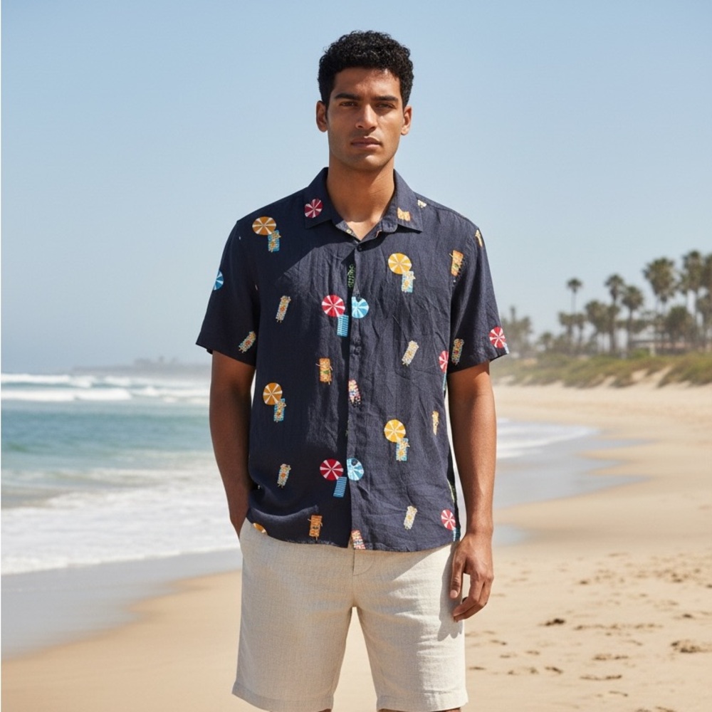 Zara Beach Shirt - Men Button Regular Fit Medium - Navy Surfer Hawaiian Vacation